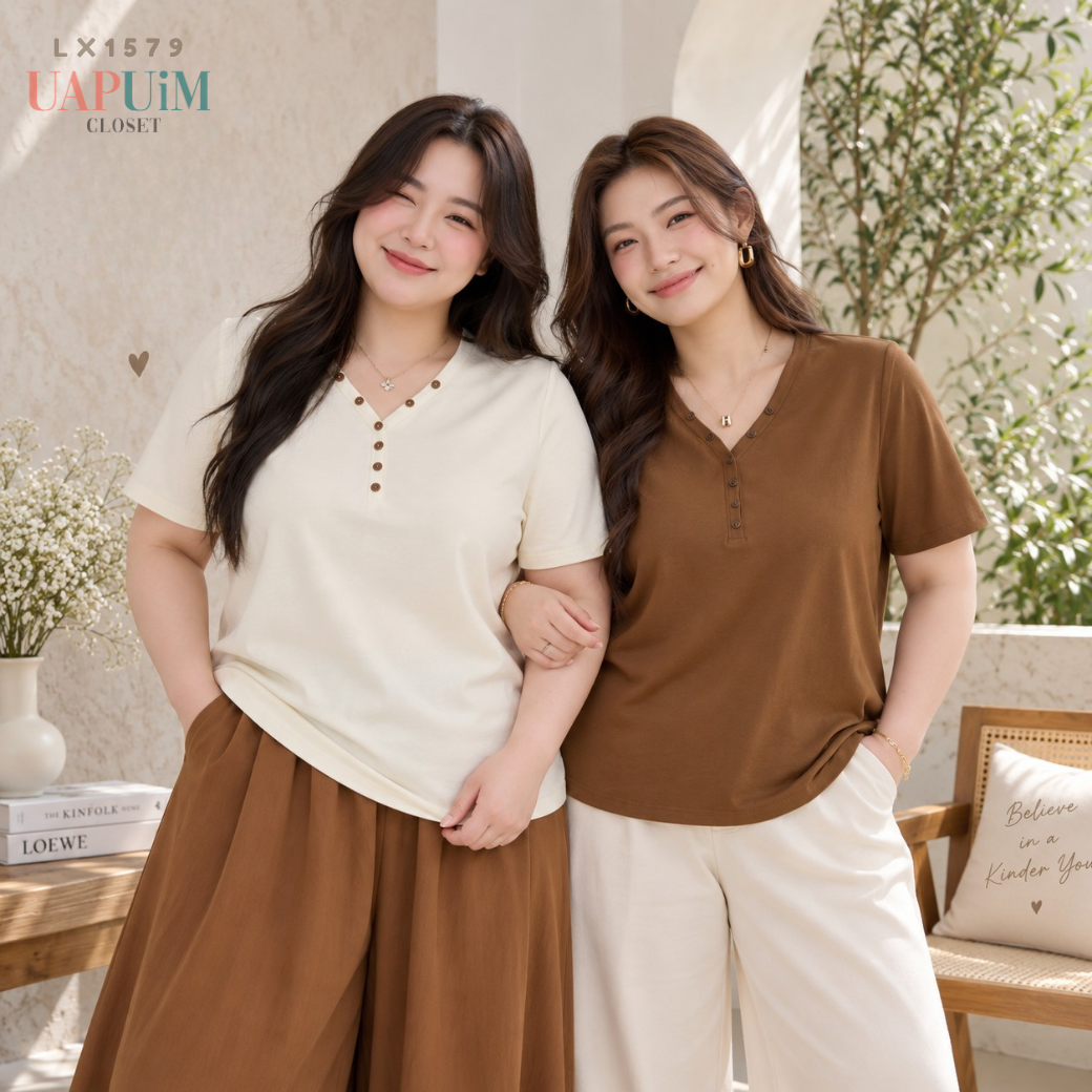 LX1579 เสื้อยืดแขนสั้นคอวีแต่งกระดุม