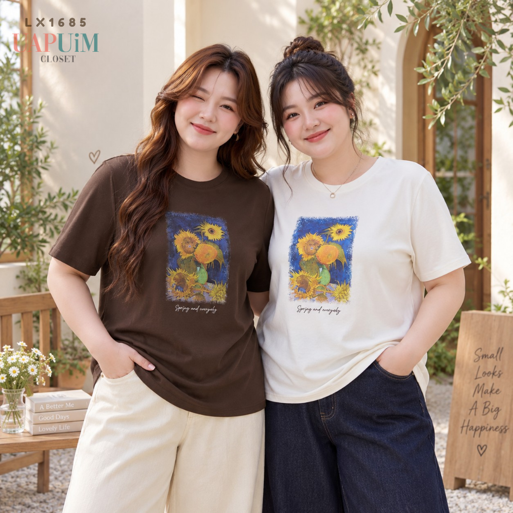 LX1685 เสื้อยืดคอกลมแขนสั้นมีให้เลือกทั้งสีน้ำตาลและสีเบจ