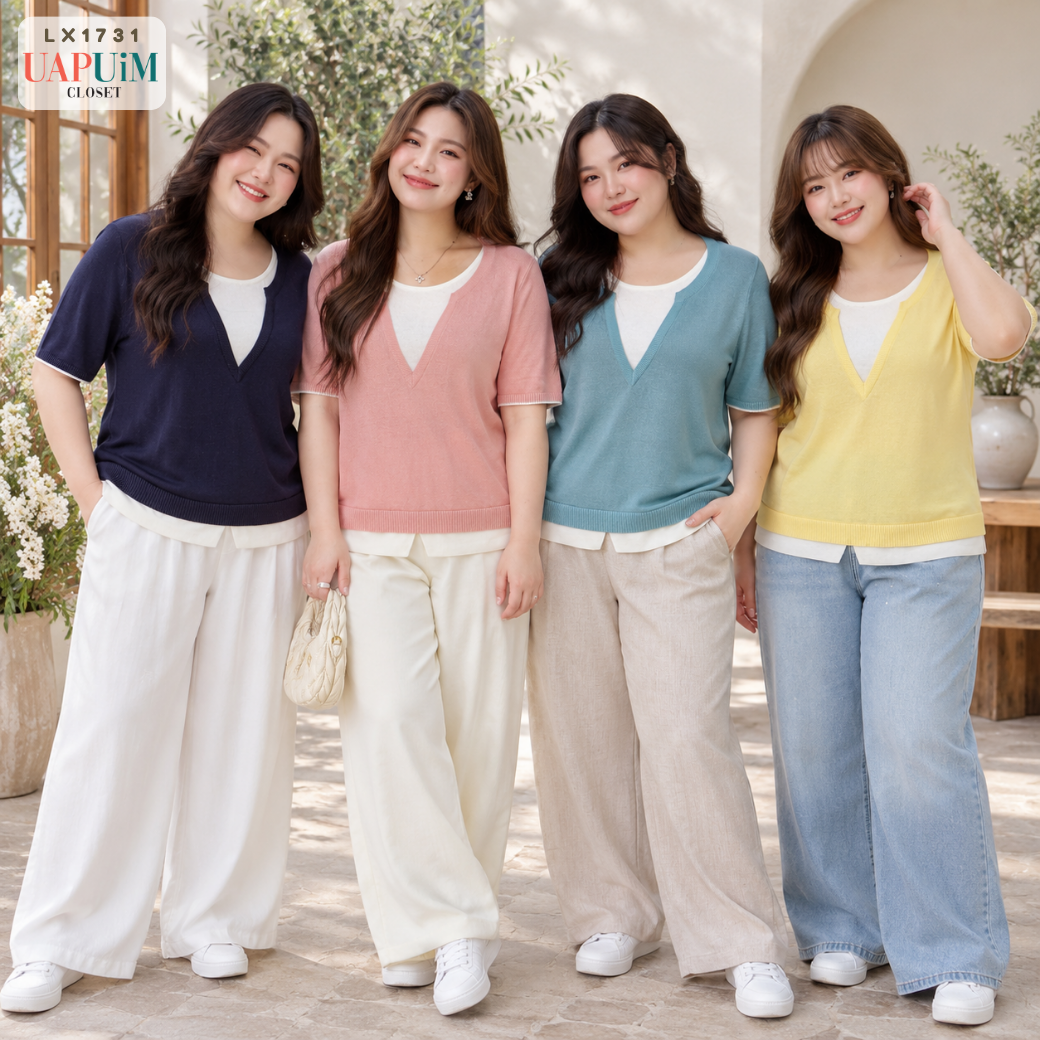 LX1731 เสื้อยืดแขนสั้นดีไซน์คอวีแต่งเลเยอร์ซ้อนด้านในให้ลุคดูมีสไตล์