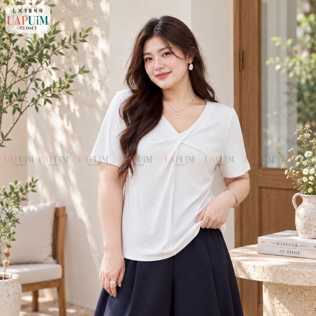 LX1844 เสื้อยืดแขนสั้นดีไซน์คอวีไขว้หน้าสุดชิค