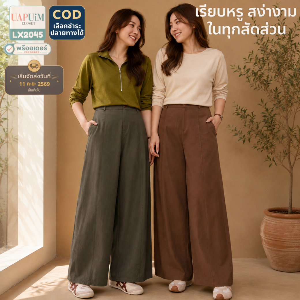LX2045 กางเกงขากระบอกกว้างทรงหลวมสุดฮิตที่โดดเด่นด้วยดีไซน์การตีเกล็ดด้านหน้ายาวตลอดขาช่วยเพิ่มมิติให้ดูเรียวยาวและเพิ่มความดูดี
