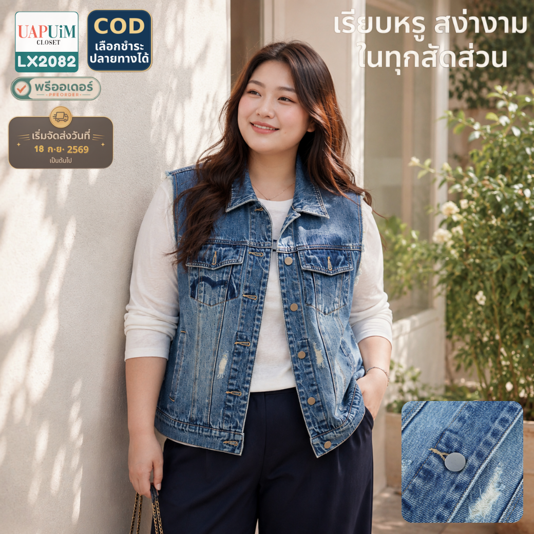 LX2082 เสื้อกั๊กสียีนส์ทรงแขนกุด