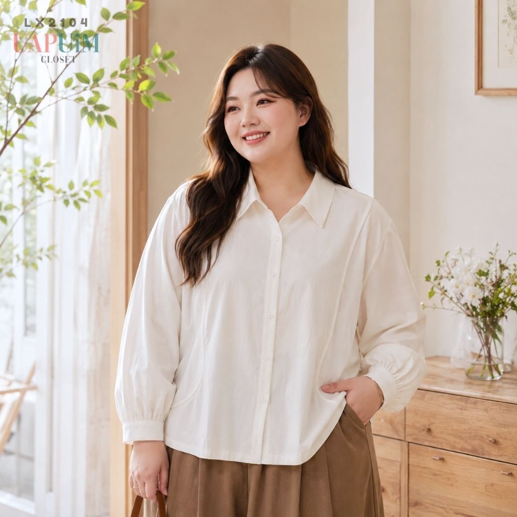 LX2104 เสื้อเชิ้ตแขนยาวทรงหลวม คอปกเรียบ กระดุมหน้าแต่งสวย