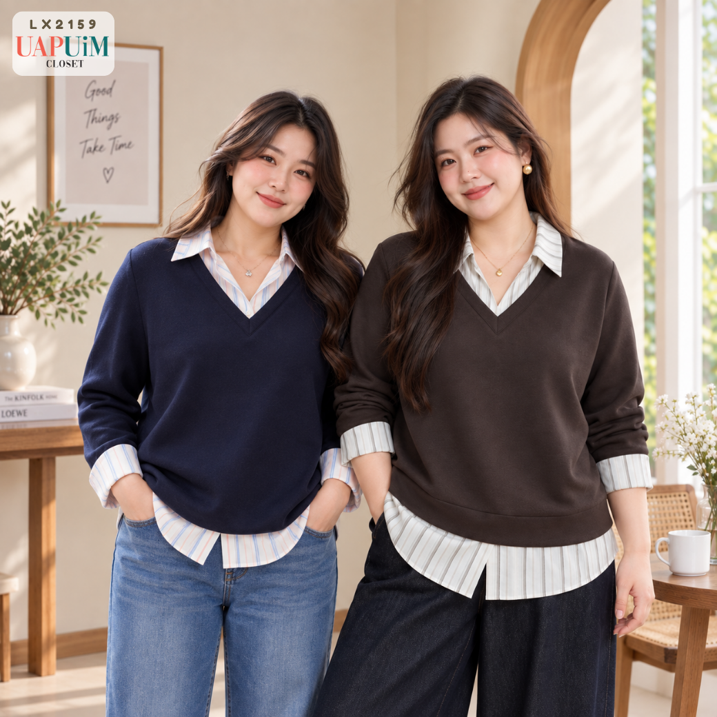 LX2159 เสื้อคอวีดีไซน์หลอกตาเหมือนใส่เชิ้ตด้านใน