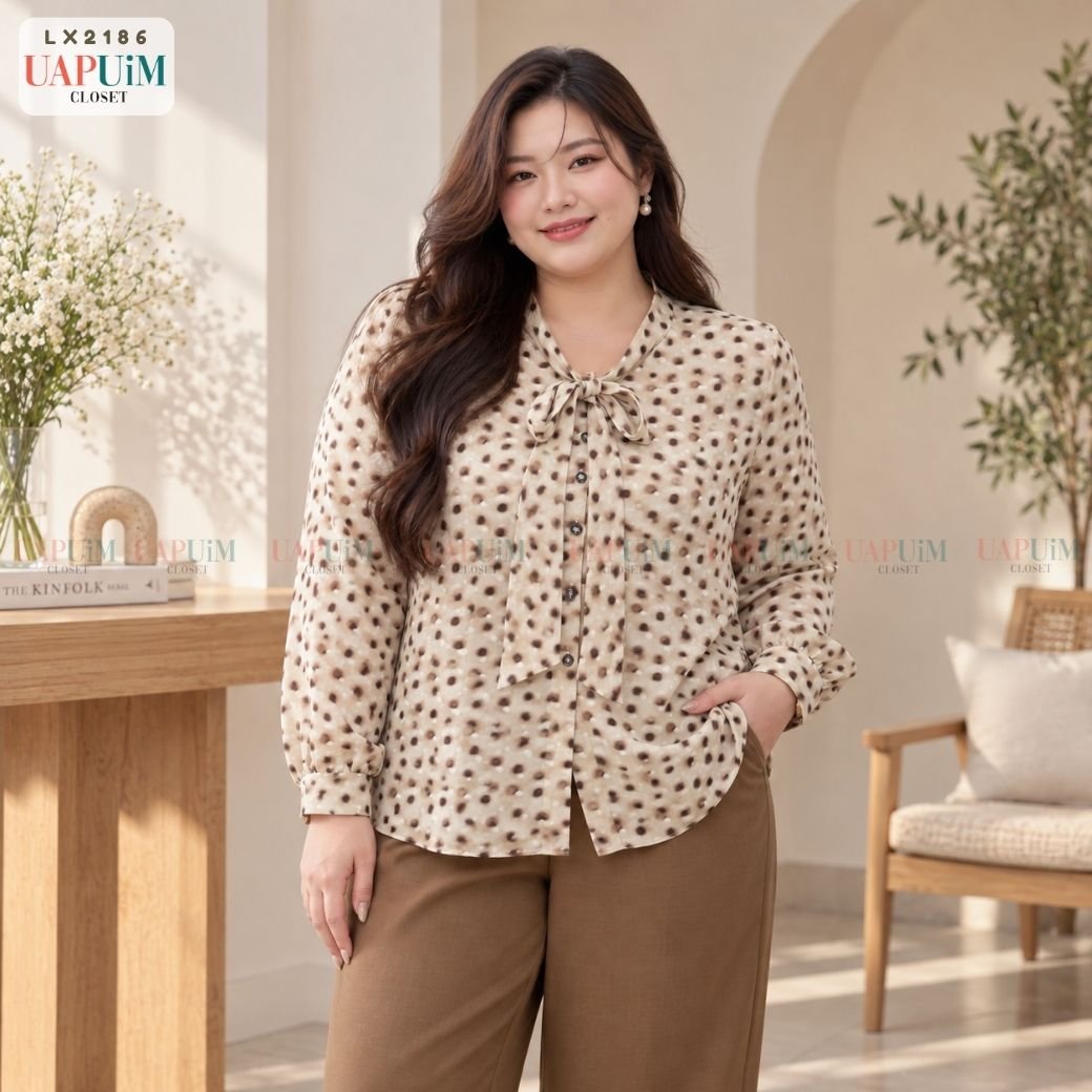 LX2186 เสื้อเชิ้ตแขนยาวโทนครีม–น้ำตาล