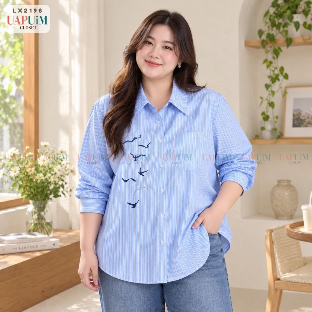 LX2198 เสื้อเชิ้ตลายทางสีฟ้าที่ดูสดใสและใส่ง่ายมาก